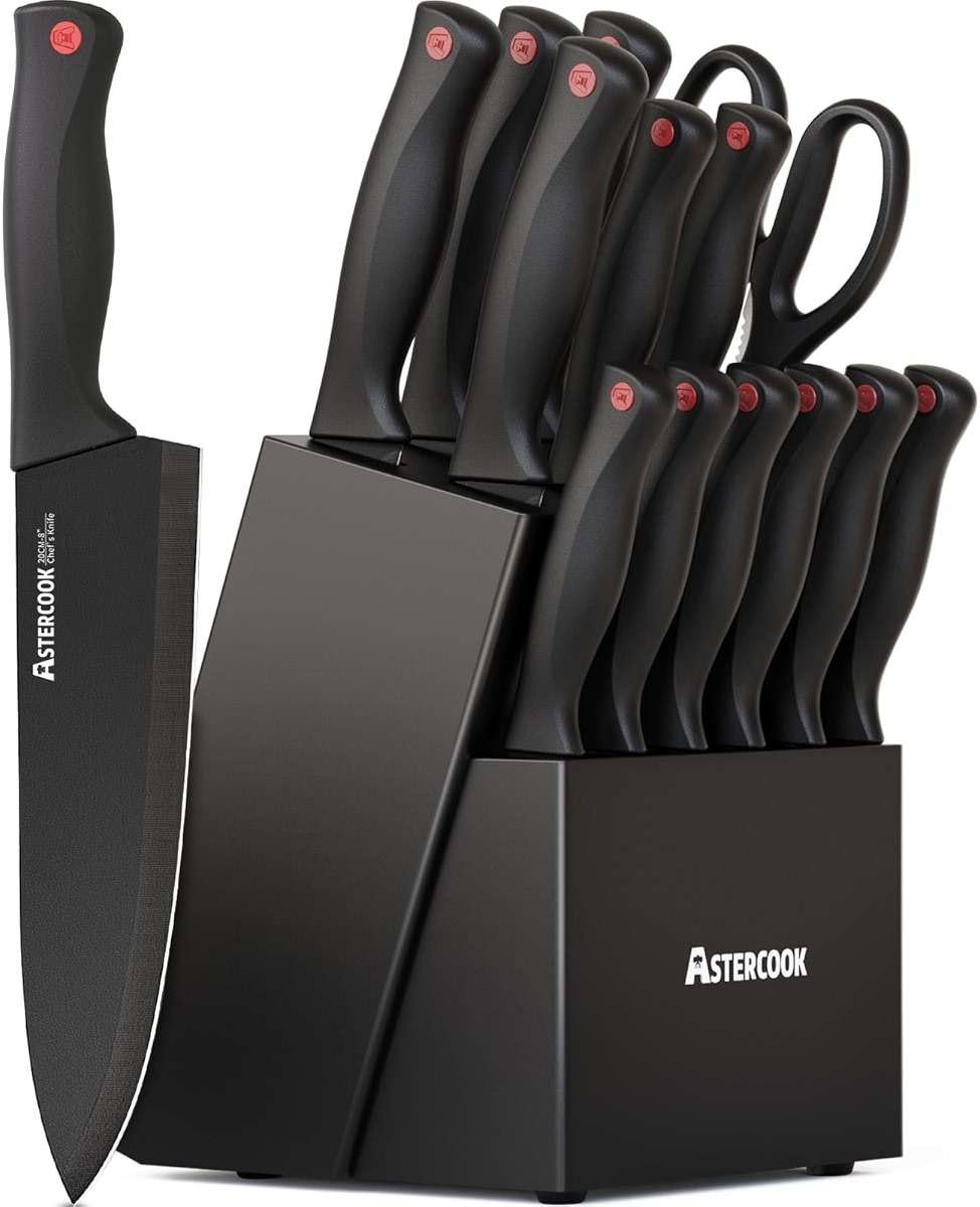 Knife Set, Astercook 15 Pieces Knife Sets for Kitchen with Block, Dishwasher Safe Kitchen Knife Set with Built in Sharpener Block, German Stainless Steel Kitchen Utensils Set - Image 1