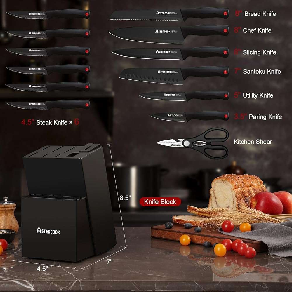 Knife Set, Astercook 15 Pieces Knife Sets for Kitchen with Block, Dishwasher Safe Kitchen Knife Set with Built in Sharpener Block, German Stainless Steel Kitchen Utensils Set - Image 3