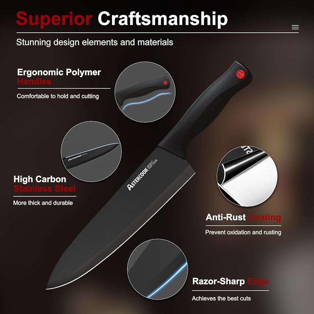 Knife Set, Astercook 15 Pieces Knife Sets for Kitchen with Block, Dishwasher Safe Kitchen Knife Set with Built in Sharpener Block, German Stainless Steel Kitchen Utensils Set - Image 4