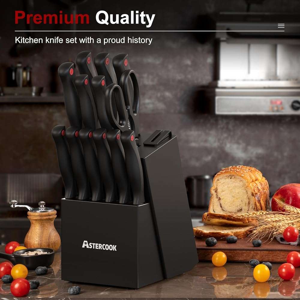 Knife Set, Astercook 15 Pieces Knife Sets for Kitchen with Block, Dishwasher Safe Kitchen Knife Set with Built in Sharpener Block, German Stainless Steel Kitchen Utensils Set - Image 5