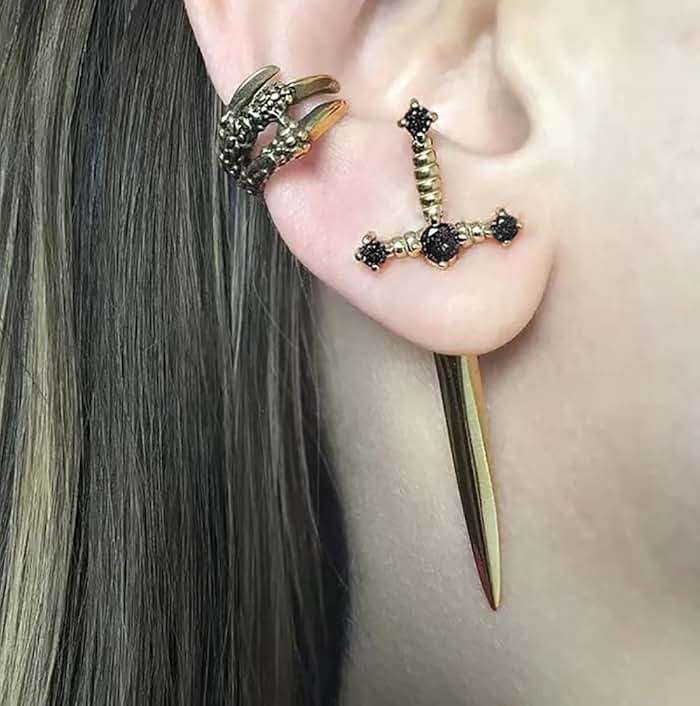 Gothic Sword Earrings Rhinestone Dagger Earrings Black Retro Sword Screw Earrings Cubic Zirconia Punk Sword Earrings Front Back Stud Earrings for Women - Image 4
