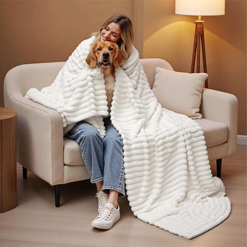 Bedsure GentleSoft Blankets Queen Size for Bed - Cozy Soft Sofa Couch Cover Blankets for Women, Cute Large Bedding Fleece Throws for Girls, Off White, 90x90 Inches - Image 2