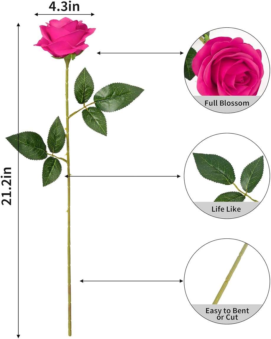 DuHouse 10pcs Silk Roses Artificial Flowers Fake Rose for Arrangement Wedding Party Home Decoration(Fuchsia) - Image 2