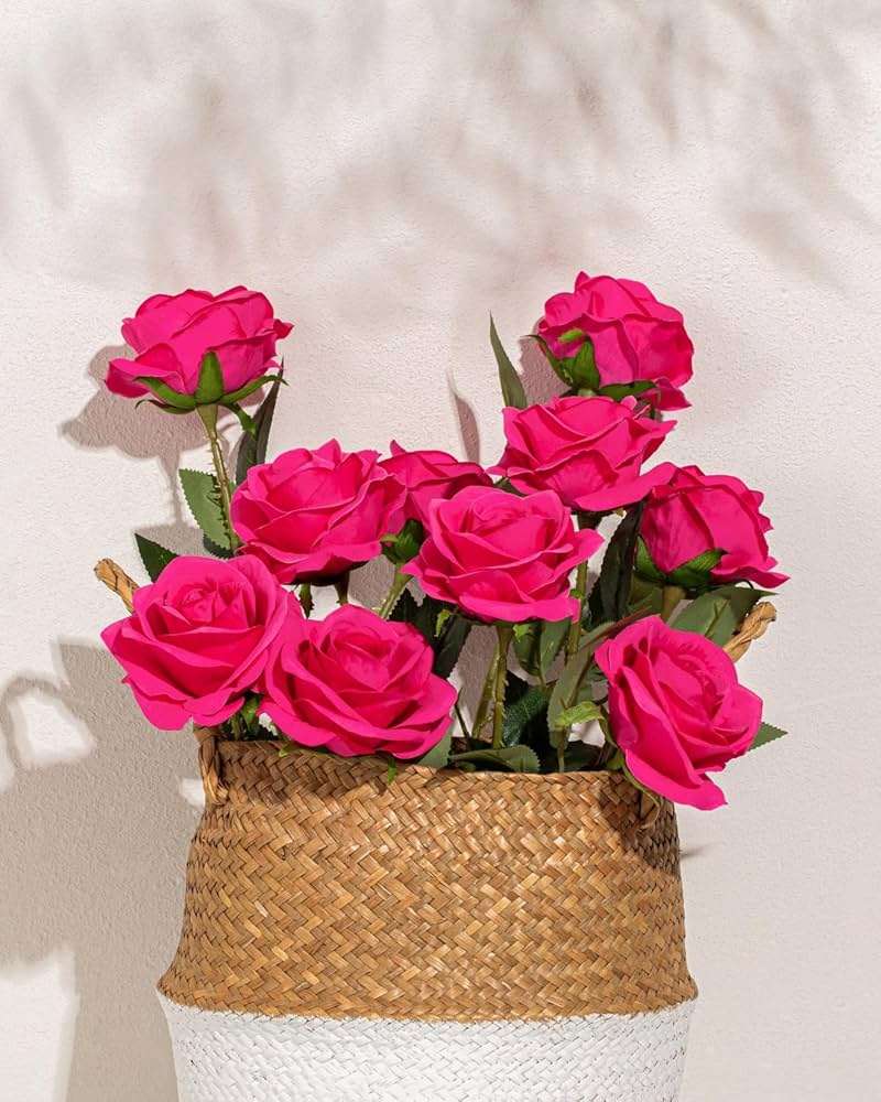 DuHouse 10pcs Silk Roses Artificial Flowers Fake Rose for Arrangement Wedding Party Home Decoration(Fuchsia) - Image 3
