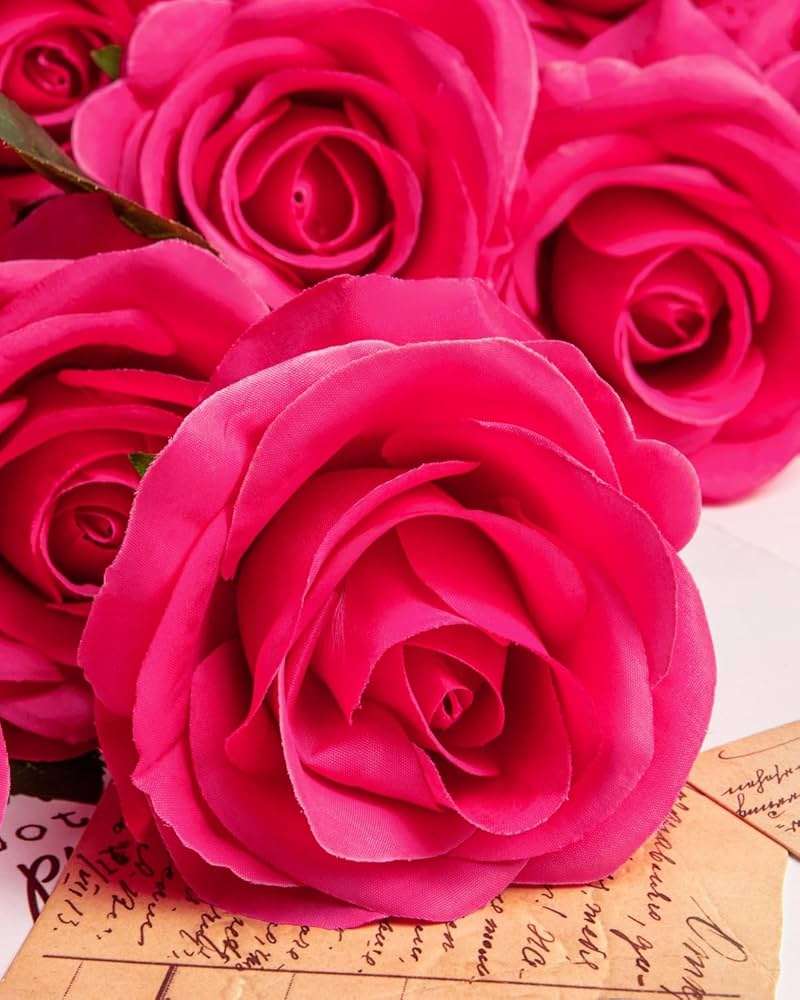 DuHouse 10pcs Silk Roses Artificial Flowers Fake Rose for Arrangement Wedding Party Home Decoration(Fuchsia) - Image 5