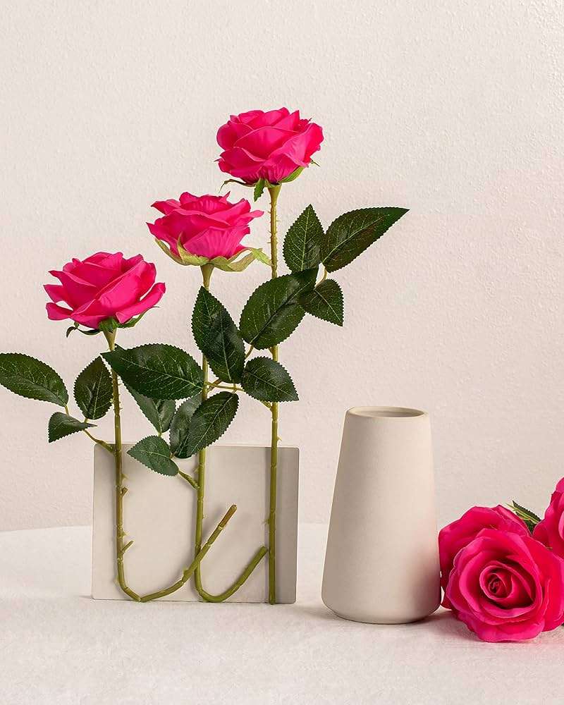 DuHouse 10pcs Silk Roses Artificial Flowers Fake Rose for Arrangement Wedding Party Home Decoration(Fuchsia) - Image 6