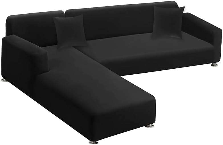 LA MEACK Sectional Couch Covers 2-Piece Softness L Shaped Sofa Cover Super Stretch L-Type Couch Slipcover with 2Pcs Pillowcases Sofa Slipcover 3 Seater + 3 Seater Furniture Protector (Black) - Image 1