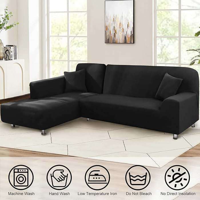 LA MEACK Sectional Couch Covers 2-Piece Softness L Shaped Sofa Cover Super Stretch L-Type Couch Slipcover with 2Pcs Pillowcases Sofa Slipcover 3 Seater + 3 Seater Furniture Protector (Black) - Image 2