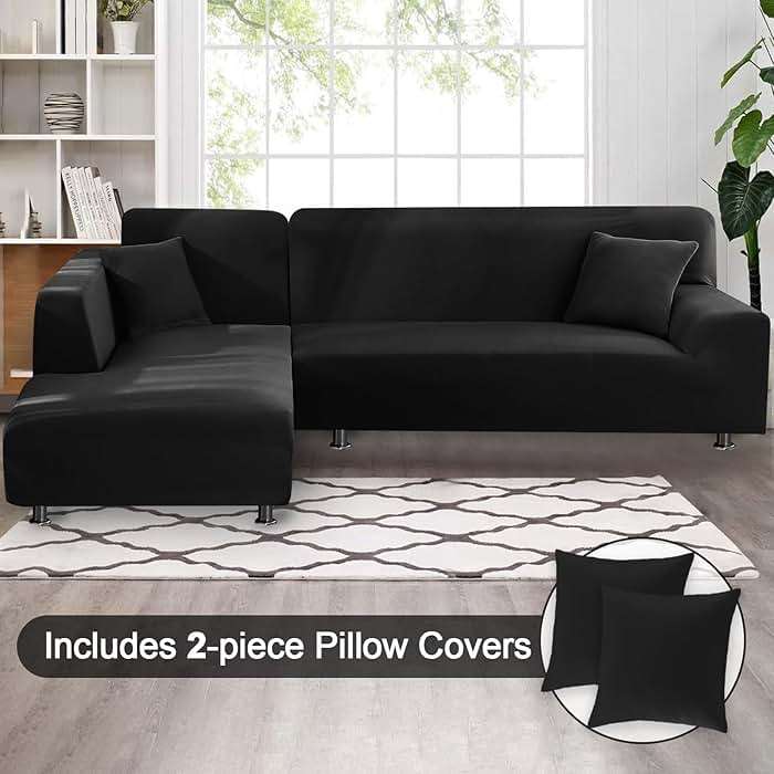 LA MEACK Sectional Couch Covers 2-Piece Softness L Shaped Sofa Cover Super Stretch L-Type Couch Slipcover with 2Pcs Pillowcases Sofa Slipcover 3 Seater + 3 Seater Furniture Protector (Black) - Image 7