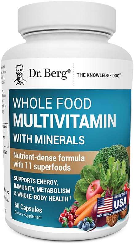 Dr. Berg Whole Food Multivitamin with Minerals - Daily Multivitamin for Men and Women - Includes Premium Whole Food Fruits and Vegetable Blend with Folate, Alpha-lipoic Acid and More - 60 Capsules - Image 1