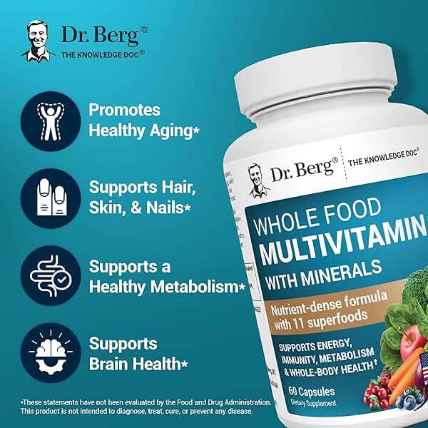 Dr. Berg Whole Food Multivitamin with Minerals - Daily Multivitamin for Men and Women - Includes Premium Whole Food Fruits and Vegetable Blend with Folate, Alpha-lipoic Acid and More - 60 Capsules - Image 3