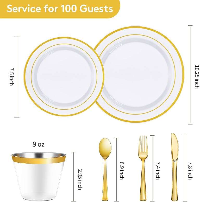 Goodluck 600 Pieces Gold Disposable Plates for 100 Guests, Plastic Plates for Party, Dinnerware Set of 100 Dinner and 100 Dessert Plates, 100 Spoons, 100 Forks, 100 Knives, 100 Cups - Image 3