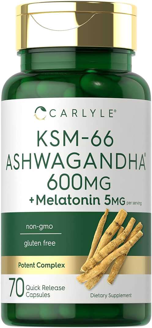Carlyle KSM-66 Ashwagandha Capsules 600mg | 70 Count | with Melatonin 5mg | Potent Complex | Non-GMO, Gluten Free - Image 1