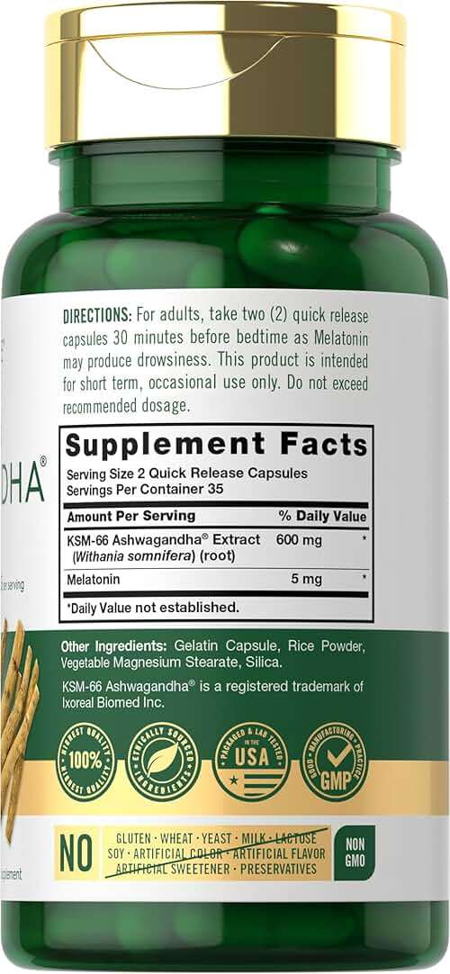 Carlyle KSM-66 Ashwagandha Capsules 600mg | 70 Count | with Melatonin 5mg | Potent Complex | Non-GMO, Gluten Free - Image 2