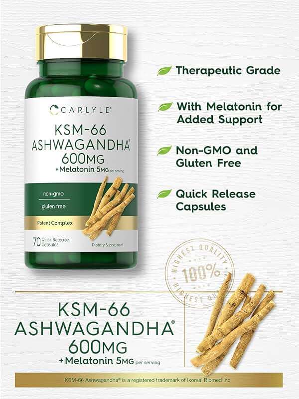 Carlyle KSM-66 Ashwagandha Capsules 600mg | 70 Count | with Melatonin 5mg | Potent Complex | Non-GMO, Gluten Free - Image 3