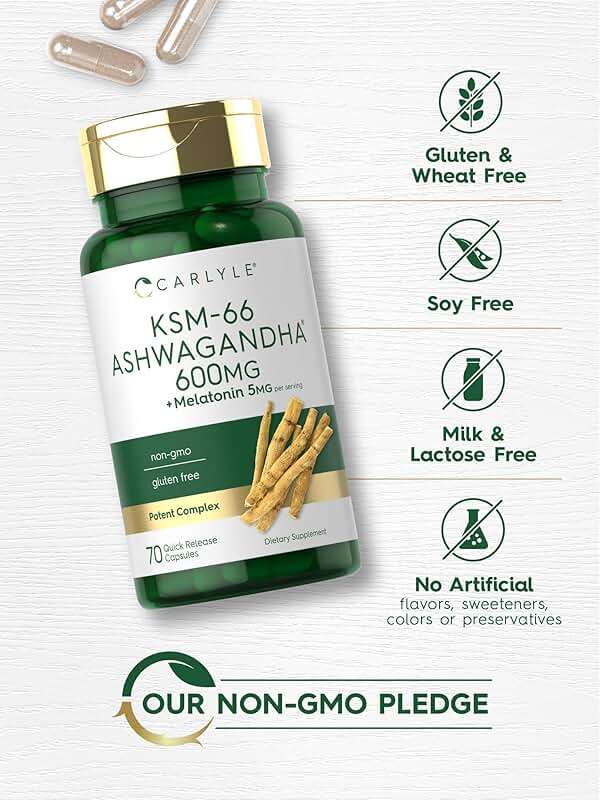 Carlyle KSM-66 Ashwagandha Capsules 600mg | 70 Count | with Melatonin 5mg | Potent Complex | Non-GMO, Gluten Free - Image 4
