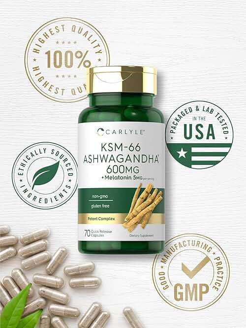 Carlyle KSM-66 Ashwagandha Capsules 600mg | 70 Count | with Melatonin 5mg | Potent Complex | Non-GMO, Gluten Free - Image 5