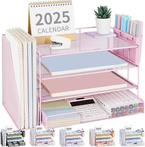 OPNICE Desk Organizer, 4-Tier Desktop File Organizer with Drawer and 2 Pen Holders, Office Desk Accessories, File Sorters, Workspace Organizers for Office Supplies(Pink) - Image 1