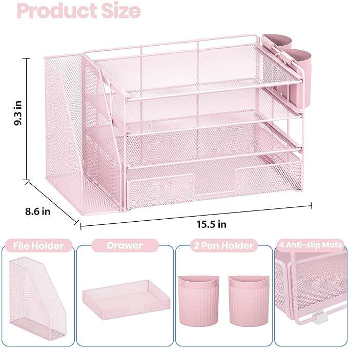OPNICE Desk Organizer, 4-Tier Desktop File Organizer with Drawer and 2 Pen Holders, Office Desk Accessories, File Sorters, Workspace Organizers for Office Supplies(Pink) - Image 2