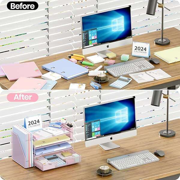 OPNICE Desk Organizer, 4-Tier Desktop File Organizer with Drawer and 2 Pen Holders, Office Desk Accessories, File Sorters, Workspace Organizers for Office Supplies(Pink) - Image 3