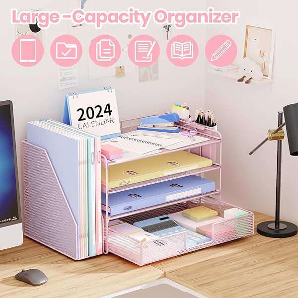 OPNICE Desk Organizer, 4-Tier Desktop File Organizer with Drawer and 2 Pen Holders, Office Desk Accessories, File Sorters, Workspace Organizers for Office Supplies(Pink) - Image 4