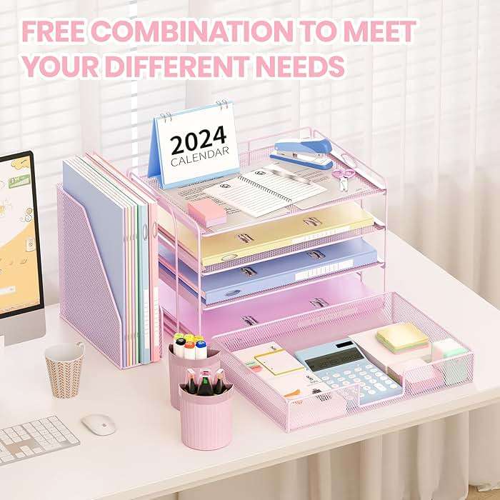 OPNICE Desk Organizer, 4-Tier Desktop File Organizer with Drawer and 2 Pen Holders, Office Desk Accessories, File Sorters, Workspace Organizers for Office Supplies(Pink) - Image 5