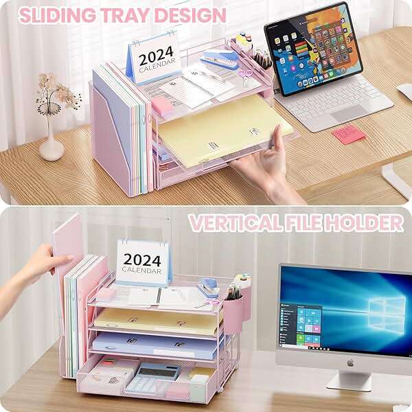 OPNICE Desk Organizer, 4-Tier Desktop File Organizer with Drawer and 2 Pen Holders, Office Desk Accessories, File Sorters, Workspace Organizers for Office Supplies(Pink) - Image 6