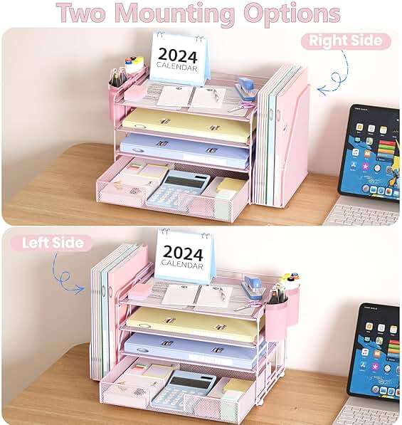 OPNICE Desk Organizer, 4-Tier Desktop File Organizer with Drawer and 2 Pen Holders, Office Desk Accessories, File Sorters, Workspace Organizers for Office Supplies(Pink) - Image 7