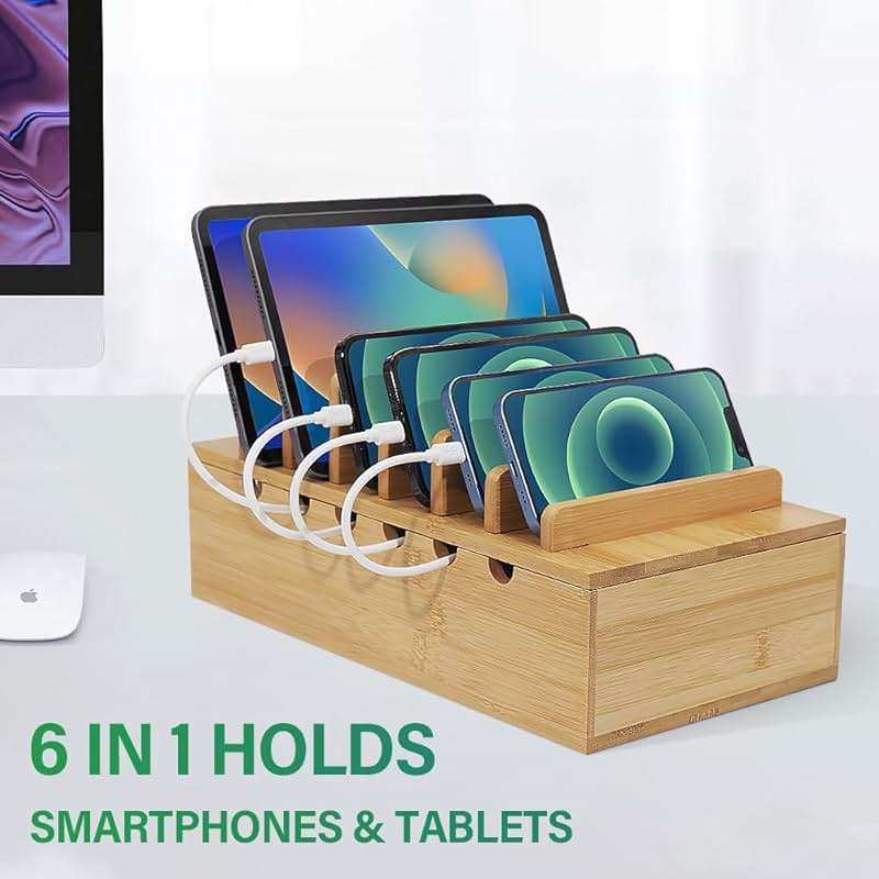 LEOKKARR Bamboo Charging Station for Multiple Devices, Desk Docking Stations Organizer Compatible with iPhone Devices, Wood Charging Cell Phone Holder Stand (Includes 6 Cables) (NO Power Supply) - Image 2
