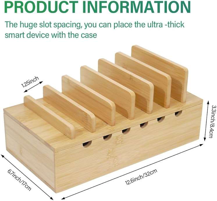 LEOKKARR Bamboo Charging Station for Multiple Devices, Desk Docking Stations Organizer Compatible with iPhone Devices, Wood Charging Cell Phone Holder Stand (Includes 6 Cables) (NO Power Supply) - Image 3