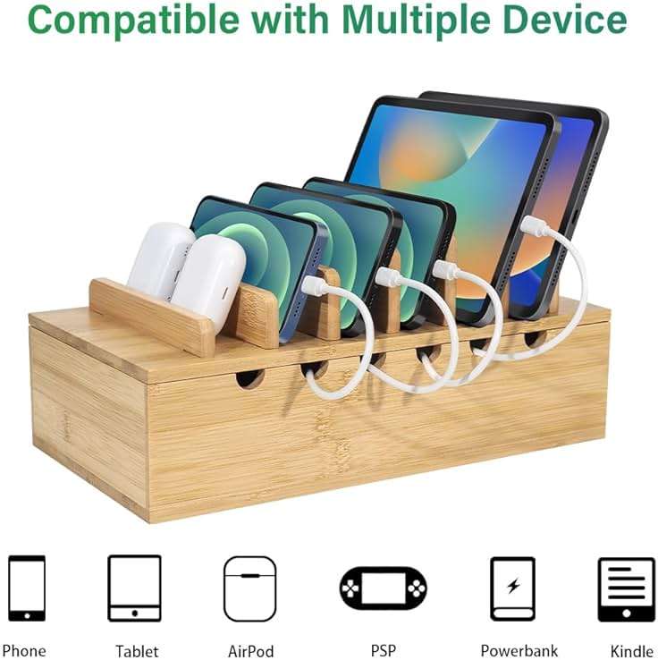 LEOKKARR Bamboo Charging Station for Multiple Devices, Desk Docking Stations Organizer Compatible with iPhone Devices, Wood Charging Cell Phone Holder Stand (Includes 6 Cables) (NO Power Supply) - Image 4