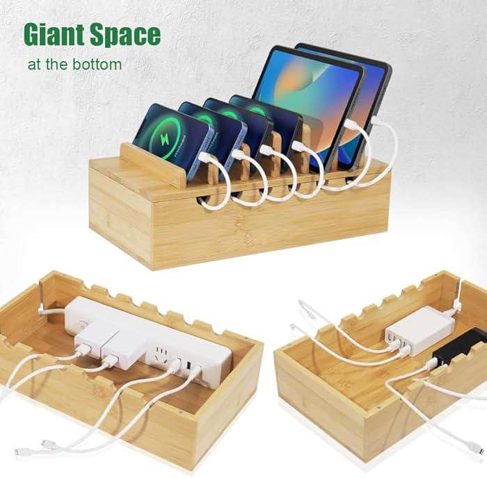 LEOKKARR Bamboo Charging Station for Multiple Devices, Desk Docking Stations Organizer Compatible with iPhone Devices, Wood Charging Cell Phone Holder Stand (Includes 6 Cables) (NO Power Supply) - Image 5