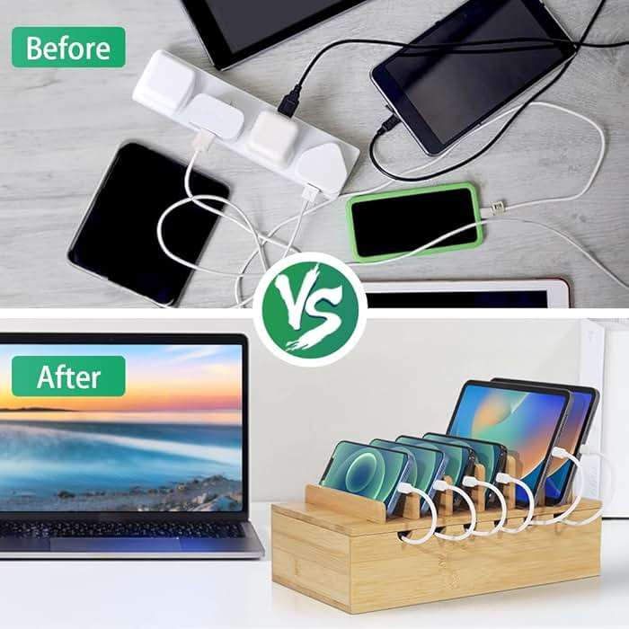 LEOKKARR Bamboo Charging Station for Multiple Devices, Desk Docking Stations Organizer Compatible with iPhone Devices, Wood Charging Cell Phone Holder Stand (Includes 6 Cables) (NO Power Supply) - Image 6