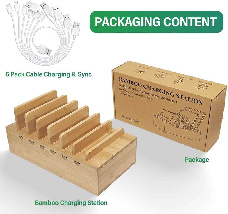 LEOKKARR Bamboo Charging Station for Multiple Devices, Desk Docking Stations Organizer Compatible with iPhone Devices, Wood Charging Cell Phone Holder Stand (Includes 6 Cables) (NO Power Supply) - Image 7