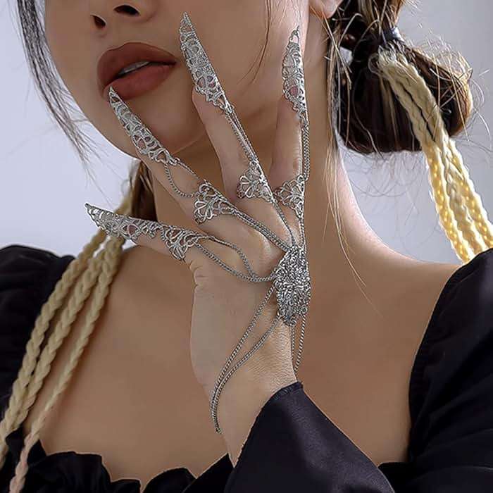 Octwine Pack of 1 Punk Ancient Queen Finger Nails Tip Claw Bracelet Belly Dance Hand Chain Cosplay Costume Jewelry for Women (Silver) - Image 2