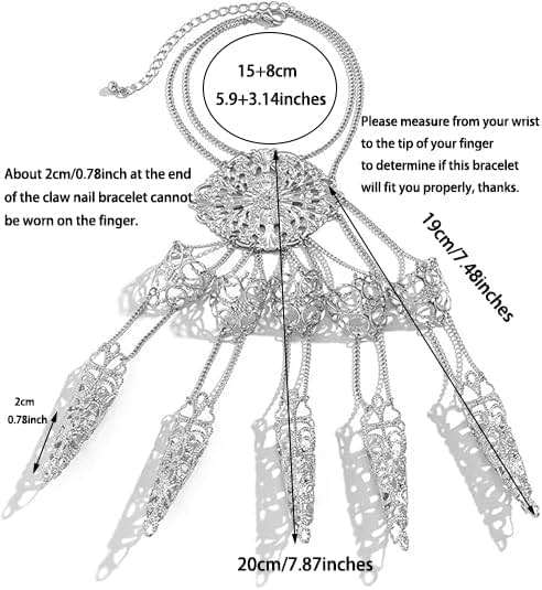 Octwine Pack of 1 Punk Ancient Queen Finger Nails Tip Claw Bracelet Belly Dance Hand Chain Cosplay Costume Jewelry for Women (Silver) - Image 4