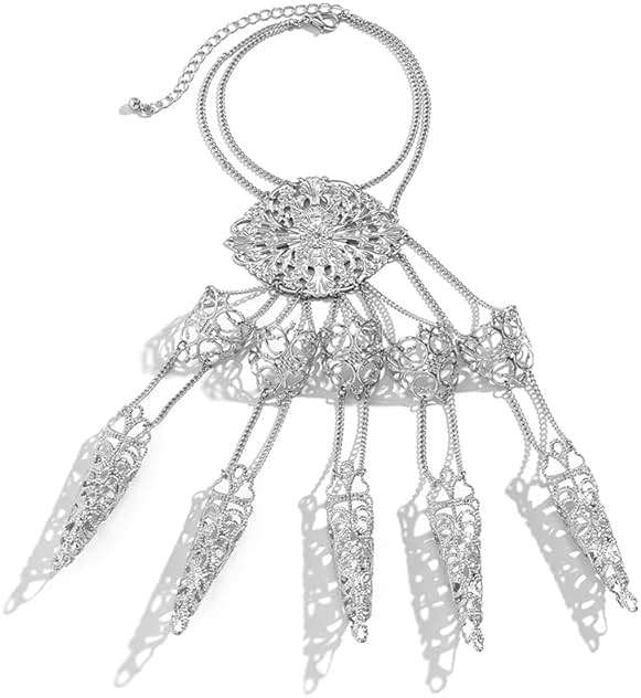 Octwine Pack of 1 Punk Ancient Queen Finger Nails Tip Claw Bracelet Belly Dance Hand Chain Cosplay Costume Jewelry for Women (Silver) - Image 6