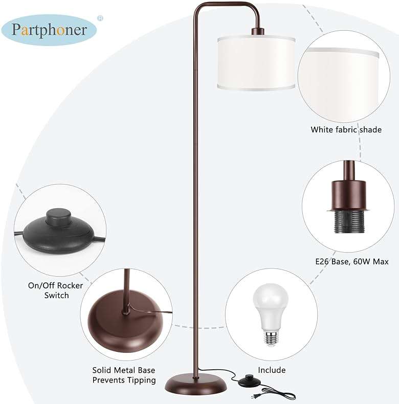 PARTPHONER LED Floor Lamp for Living Room, 3 Color Temperature, with Foot Switch, 9W Bulb Included, Oil Rubbed Bronze - Image 5