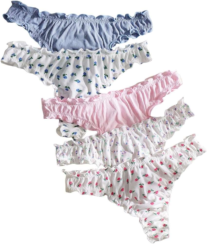 GORGLITTER Women's 5pack Cute Panties Floral Print Low Rise Frilly Panties Coquette Underwear Set - Image 1