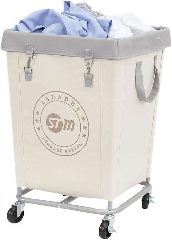 STORAGE MANIAC Commercial Laundry Hamper with Heavy Duty Steel Frame, 160 L Industrial Clothes Basket Cart with Wheels for Hotel, Home, Laundry Room, 18''L x 18''W x 31''H, Medium Beige - Image 1