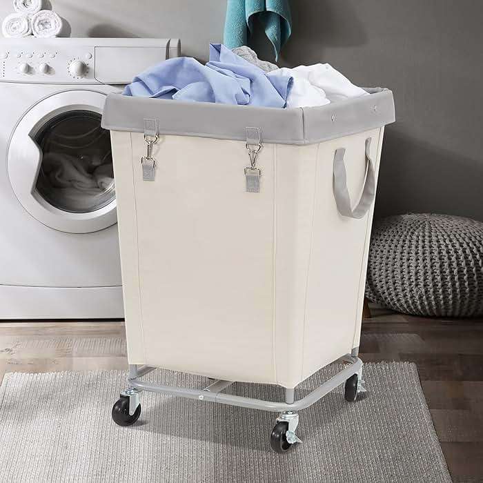 STORAGE MANIAC Commercial Laundry Hamper with Heavy Duty Steel Frame, 160 L Industrial Clothes Basket Cart with Wheels for Hotel, Home, Laundry Room, 18''L x 18''W x 31''H, Medium Beige - Image 2