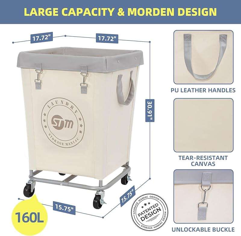 STORAGE MANIAC Commercial Laundry Hamper with Heavy Duty Steel Frame, 160 L Industrial Clothes Basket Cart with Wheels for Hotel, Home, Laundry Room, 18''L x 18''W x 31''H, Medium Beige - Image 3