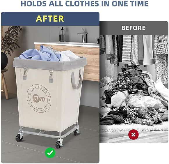 STORAGE MANIAC Commercial Laundry Hamper with Heavy Duty Steel Frame, 160 L Industrial Clothes Basket Cart with Wheels for Hotel, Home, Laundry Room, 18''L x 18''W x 31''H, Medium Beige - Image 4