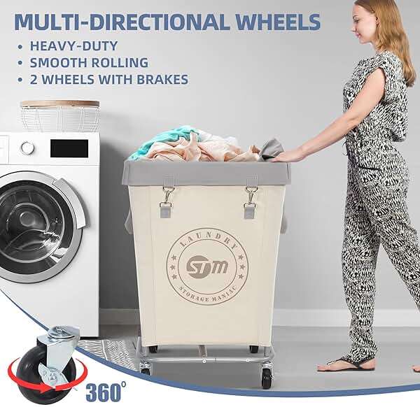 STORAGE MANIAC Commercial Laundry Hamper with Heavy Duty Steel Frame, 160 L Industrial Clothes Basket Cart with Wheels for Hotel, Home, Laundry Room, 18''L x 18''W x 31''H, Medium Beige - Image 5