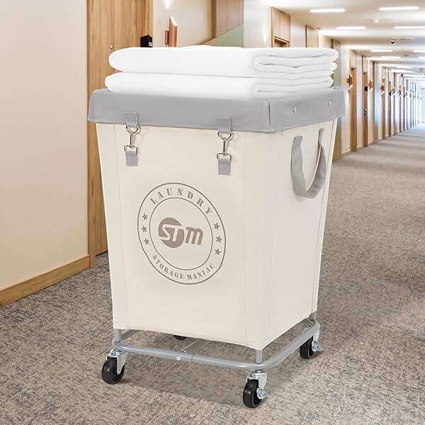STORAGE MANIAC Commercial Laundry Hamper with Heavy Duty Steel Frame, 160 L Industrial Clothes Basket Cart with Wheels for Hotel, Home, Laundry Room, 18''L x 18''W x 31''H, Medium Beige - Image 7