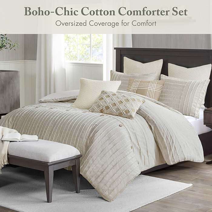 Madison Park Queen Comforter Set Clipped Jacquard Stripes with Buttons Boho Comforter for a Queen-Size Bed, Cotton Oversized Comforters with Removable Cover Boho Bedding, Queen Ivory 8 Piece - Image 2