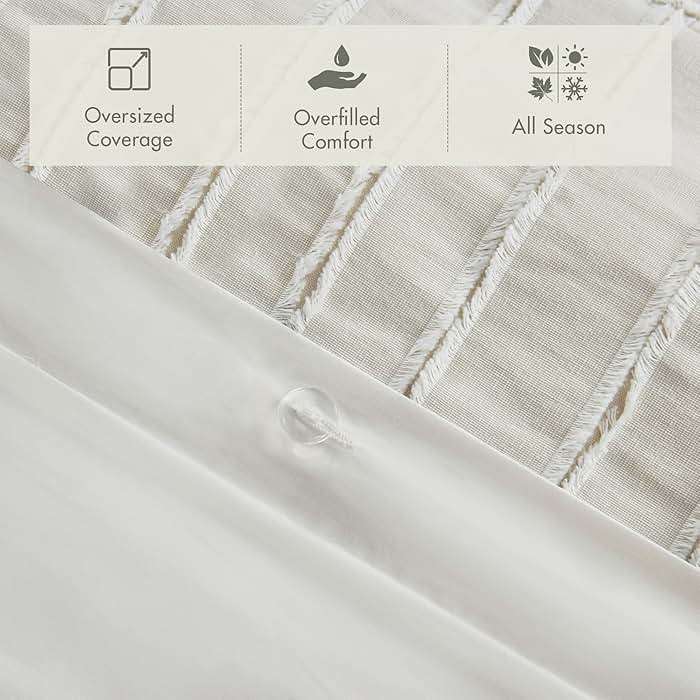 Madison Park Queen Comforter Set Clipped Jacquard Stripes with Buttons Boho Comforter for a Queen-Size Bed, Cotton Oversized Comforters with Removable Cover Boho Bedding, Queen Ivory 8 Piece - Image 3