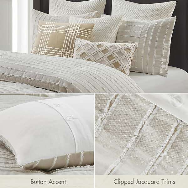 Madison Park Queen Comforter Set Clipped Jacquard Stripes with Buttons Boho Comforter for a Queen-Size Bed, Cotton Oversized Comforters with Removable Cover Boho Bedding, Queen Ivory 8 Piece - Image 4