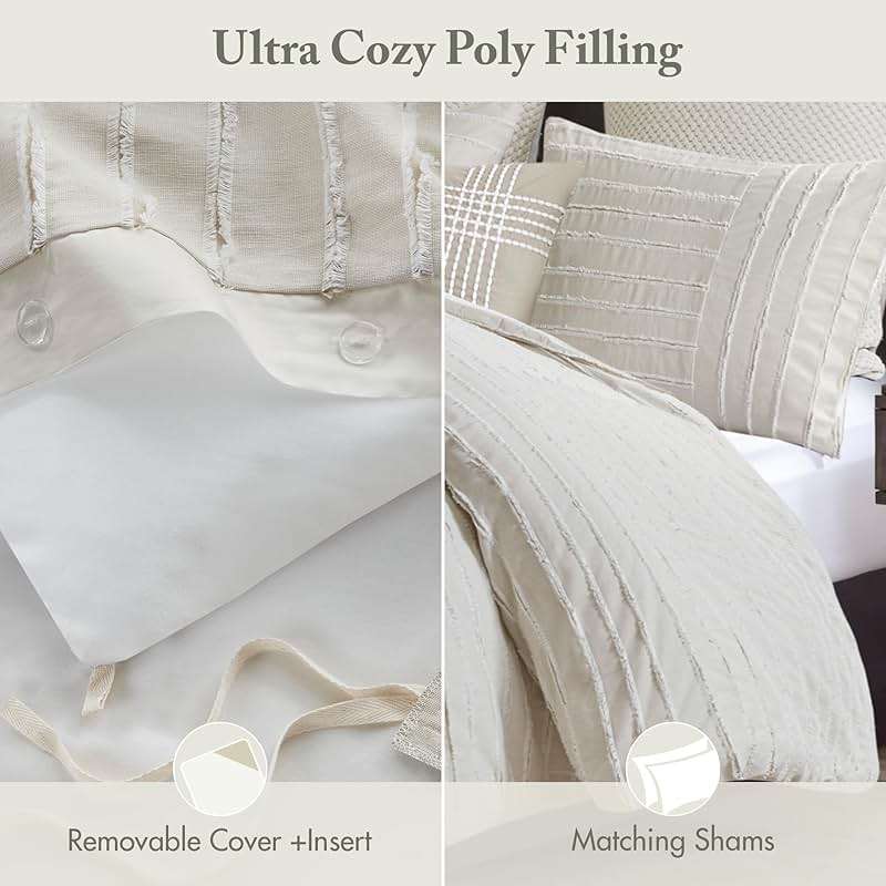 Madison Park Queen Comforter Set Clipped Jacquard Stripes with Buttons Boho Comforter for a Queen-Size Bed, Cotton Oversized Comforters with Removable Cover Boho Bedding, Queen Ivory 8 Piece - Image 5