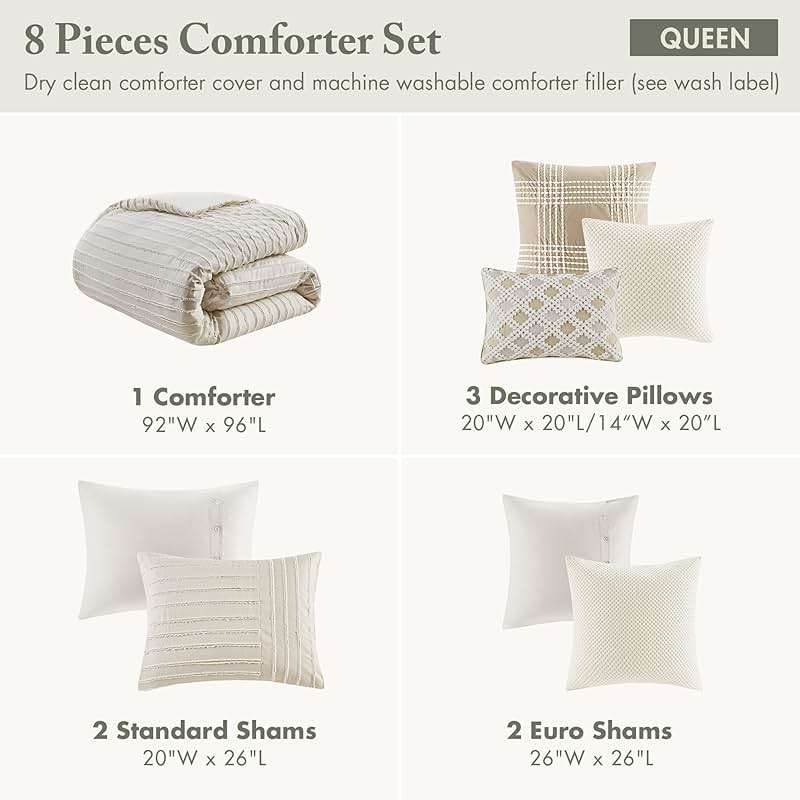 Madison Park Queen Comforter Set Clipped Jacquard Stripes with Buttons Boho Comforter for a Queen-Size Bed, Cotton Oversized Comforters with Removable Cover Boho Bedding, Queen Ivory 8 Piece - Image 6